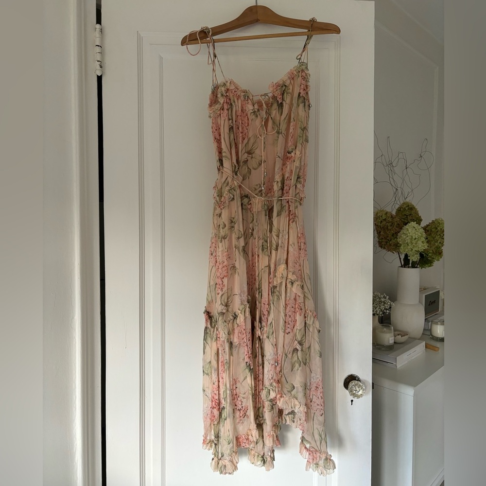 Zimmermann dress. Silk asymmetrical with ties at shoulders, with belt.